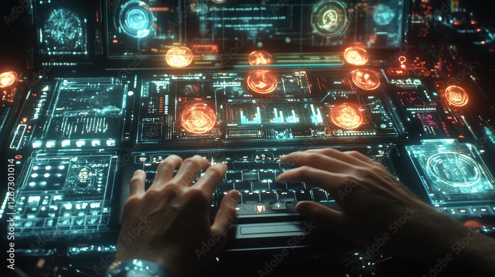 Poster hacker typing futuristic keyboard, data streams, dark room, cybersecurity