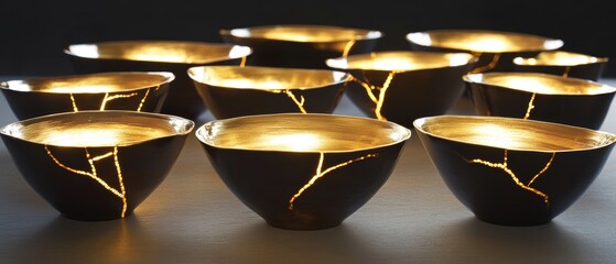 Kintsugi Bowls Illuminated in Golden Harmony