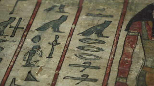 Ancient Egyptian Hieroglyphs on wooden coffin - sarcophagus, pictorial writing, adorned temples,tombs,monuments. Images of antique gods