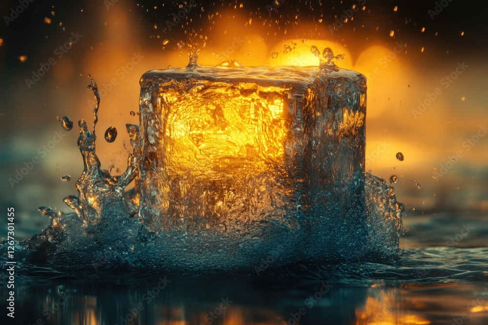 Poster a luminous ice cube splashes into water, creating a mesmerizing effect, symbolizing freshness, clari