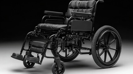 Fototapeta premium Sleek black wheelchair on a dark background, showcasing modern design and functionality