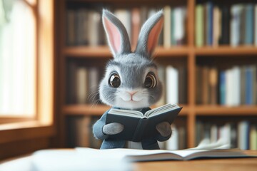 A charming rabbit engrossed in a book, surrounded by shelves of literature, evoking feelings of curiosity and warmth.