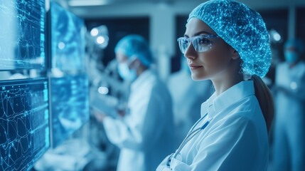 Woman in a lab coat and glasses. Medical team at the hospital. A group of people are generating ai. A woman wearing a lab coat and eyeglasses lifestyle.