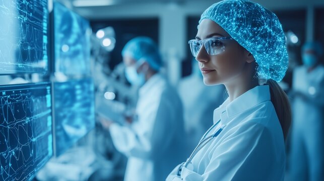 Woman in a lab coat and glasses. Medical team at the hospital. A group of people are generating ai. A woman wearing a lab coat and eyeglasses lifestyle. - Powered by Adobe