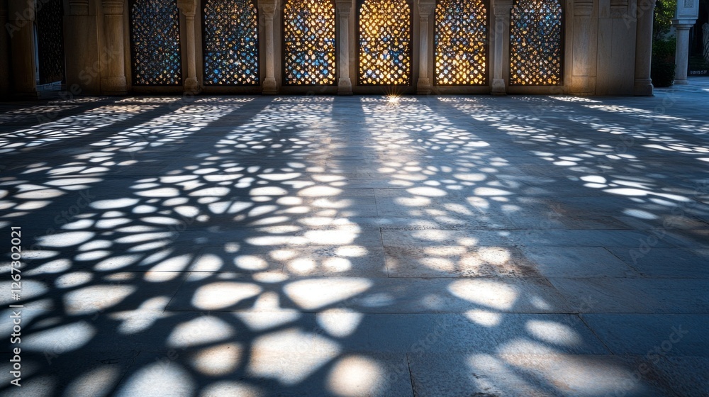 Poster gentle light filters through beautifully designed lattice screens, casting mesmerizing patterns on t