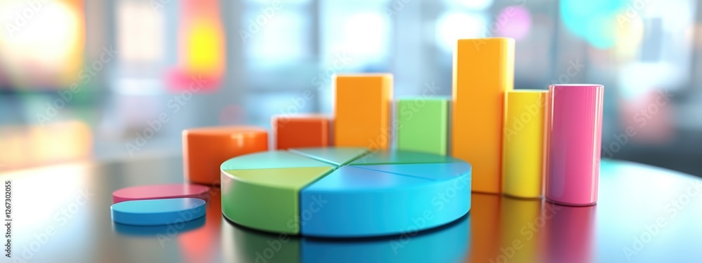 Poster colorful charts illustrate data, presenting business statistics visually with pie and bar graphs