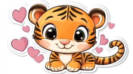 Obraz premium Cute tiger cub with hearts for Valentine's Day or baby shower invitation and card background