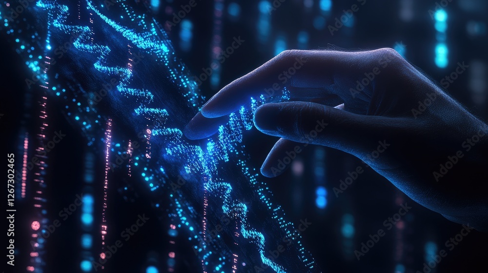 Poster hand interacts with digital data stream, futuristic background