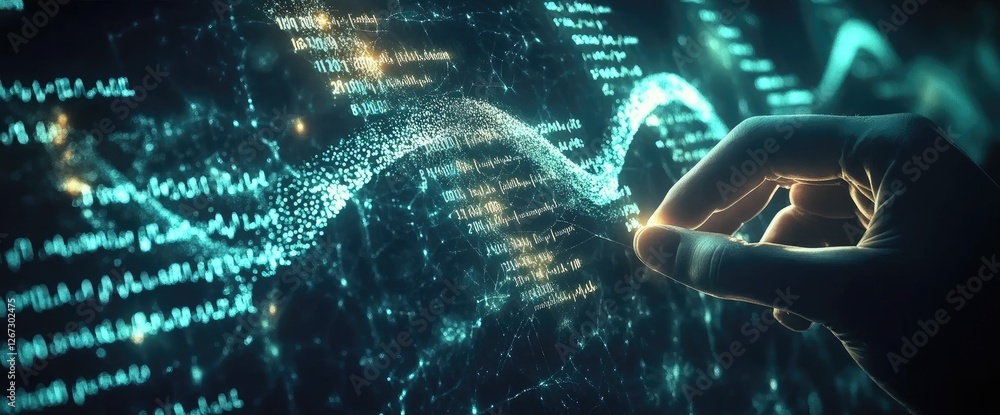 Poster hand interacts with digital data stream, futuristic interface, dark background