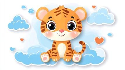 Cute tiger cub sitting on clouds, soft background, children's art, perfect for prints