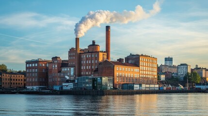 Fototapeta premium Urban Landscape: Industrial Building Emitting Smoke in Goteborg, Highlighting City Pollution Concerns