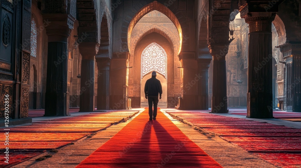 Poster a peaceful moment unfolds as a muslim man walks through a beautifully designed mosque. warm light fi