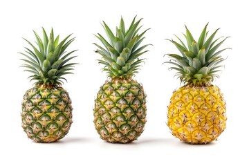 Three pineapples aligned on white background. Neural network AI generated