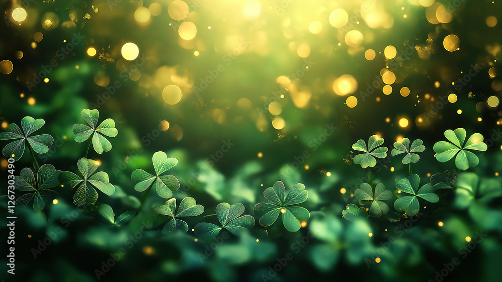 Poster st patrick's day backdrop with glowing clover shamrocks and golden bokeh for a festive atmosphere