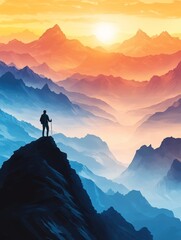 Hiker overlooking a majestic mountain range at sunrise - ai