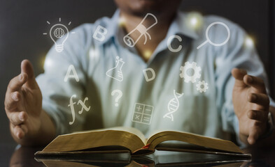 Open book with floating education icons, representing knowledge, learning, and innovation. Concept of studying, science, and academic success in a modern digital world.