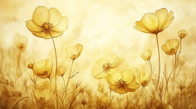 Watercolor Peach Floral Meadow, Gentle Lighting, Gentle Hues, Line Art Style Illustration