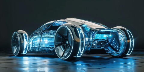 3D of a modern hydrogen car with semi transparent elements, showing a view of its internal. Futuristic car.