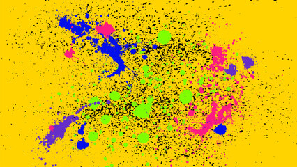 Abstract grunge yellow background with colorful splashes of paint scattered messy.