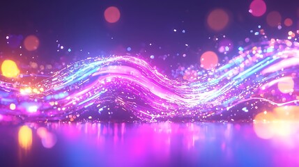 Abstract Wavy Light Streaks with Glowing Bokeh in Purple and Blue