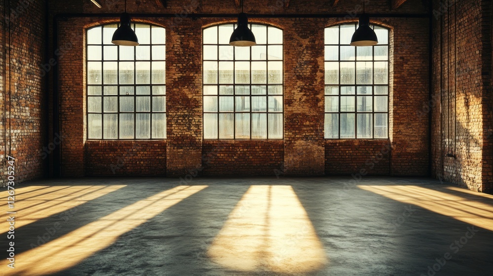 Poster In a vast urban space, warm sunlight filters through large windows, creating intricate patterns on the floor and highlighting the rustic brick walls. The atmosphere feels inviting and vibrant