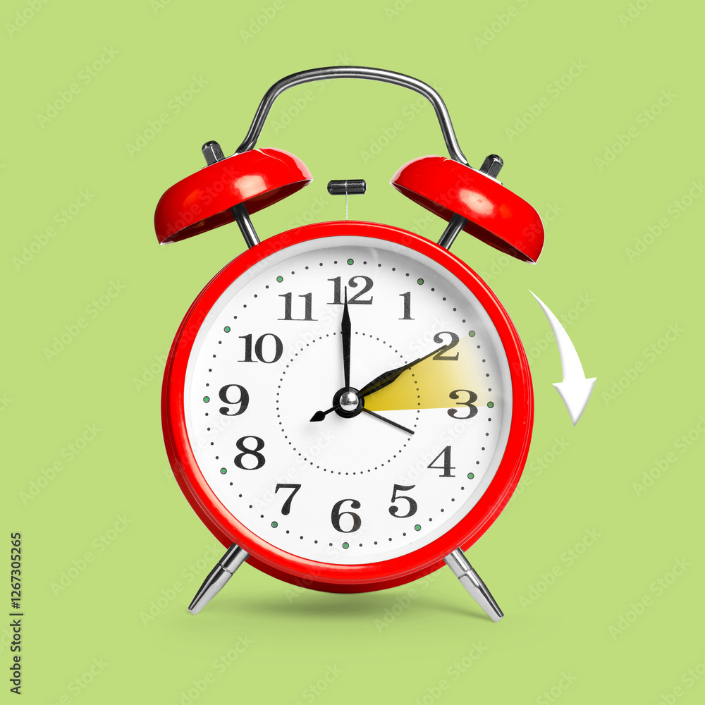 Poster Daylight saving time. Red alarm clock on light green background. Highlighted area and arrow showing time change by one hour forward