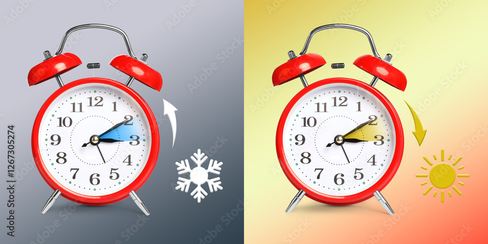 Poster Daylight saving time. Red alarm clocks on color background, collage. Highlighted areas and arrows showing time change by one hour forward and back