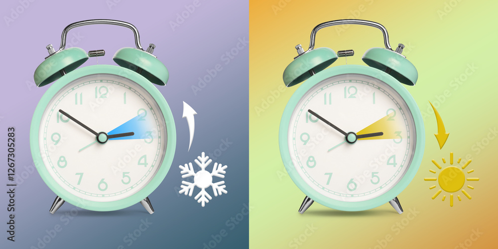 Poster Daylight saving time. Turquoise alarm clocks on color background, collage. Highlighted areas and arrows showing time change by one hour forward and back