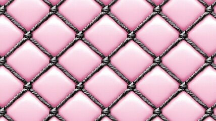 Fototapeta premium Pink Leather Upholstery Texture with Black Diamond Stitch Pattern Seamless Background