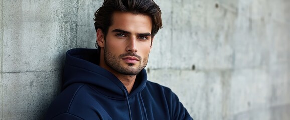 Fototapeta premium Handsome man, urban wall, hoodie, serious gaze