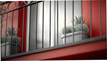 Minimalist balcony with black metal railing and potted succulents against a bold red wall, modern urban architecture with a stylish and contemporary aesthetic
