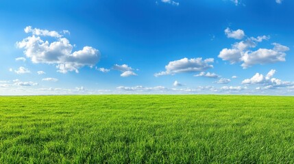 Vibrant Aerial View of a Green Meadow Under a Clear Blue Sky with Fluffy Clouds