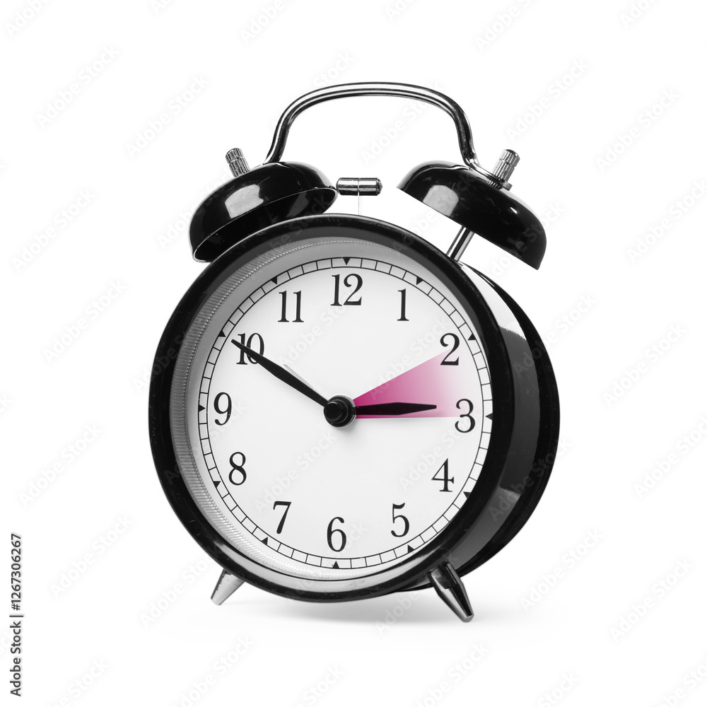 Poster Daylight saving time. Black alarm clock on white background. Highlighted area showing time change by one hour forward