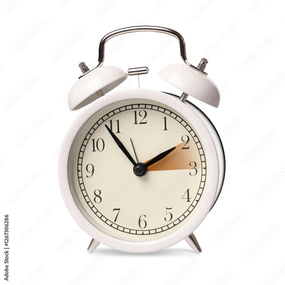 Poster Daylight saving time. Alarm clock on white background. Highlighted area showing time change by one hour forward