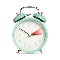 Daylight saving time. Turquoise alarm clock on white background. Highlighted area showing time change by one hour forward