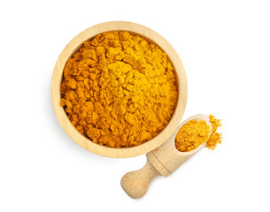 Turmeric powder isolated on white, top view. Aromatic spice