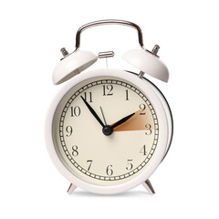 Daylight saving time. Alarm clock on white background. Highlighted area showing time change by one hour forward