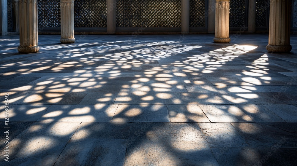 Poster Soft patterns of light cast intricate designs on the stone floor, creating a serene atmosphere infused with the spirit of Ramadan, inviting reflection and peace