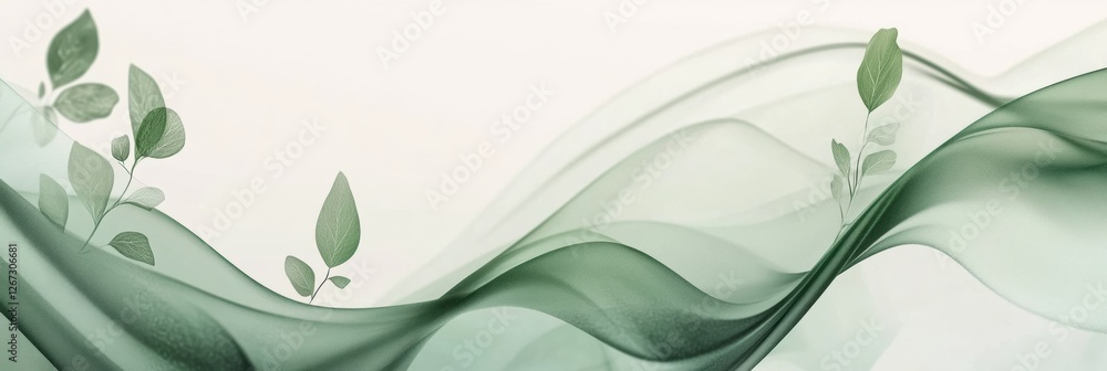 Aufkleber fluid green waves with delicate leaves creating a serene and organic atmosphere in a minimalist desi