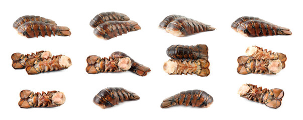 Tails of fresh lobsters isolated on white, set