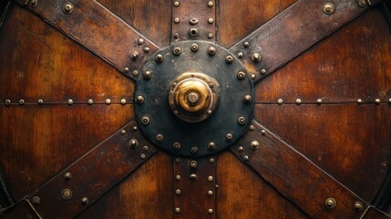 Fototapeta premium Antique wooden wheel, metal accents, close-up, industrial background, design texture