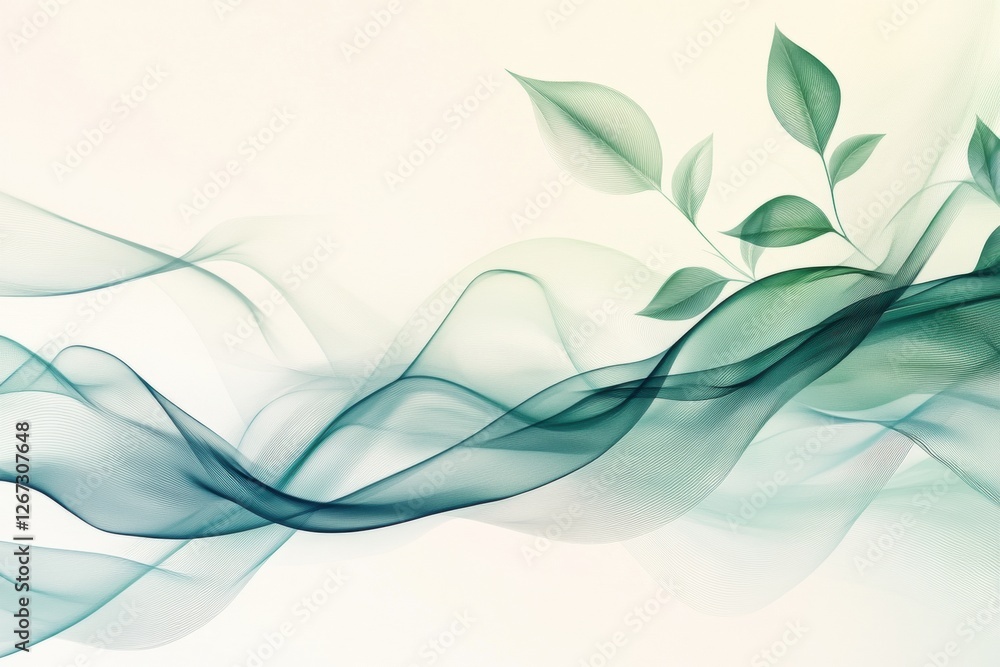Poster Abstract green wave with delicate leaves creating a sense of tranquility in a minimalist setting. Generative AI