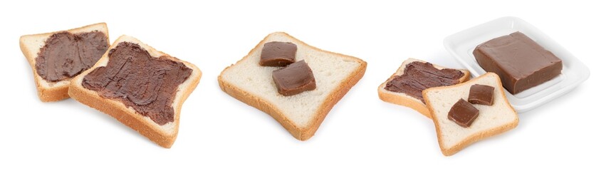Chocolate butter. Bread slices with tasty spread on white background