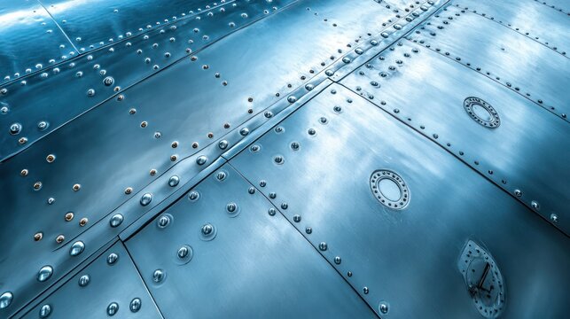 Metallic aircraft fuselage detail; rivets, panels; cloudy sky. Industrial background; design texture
