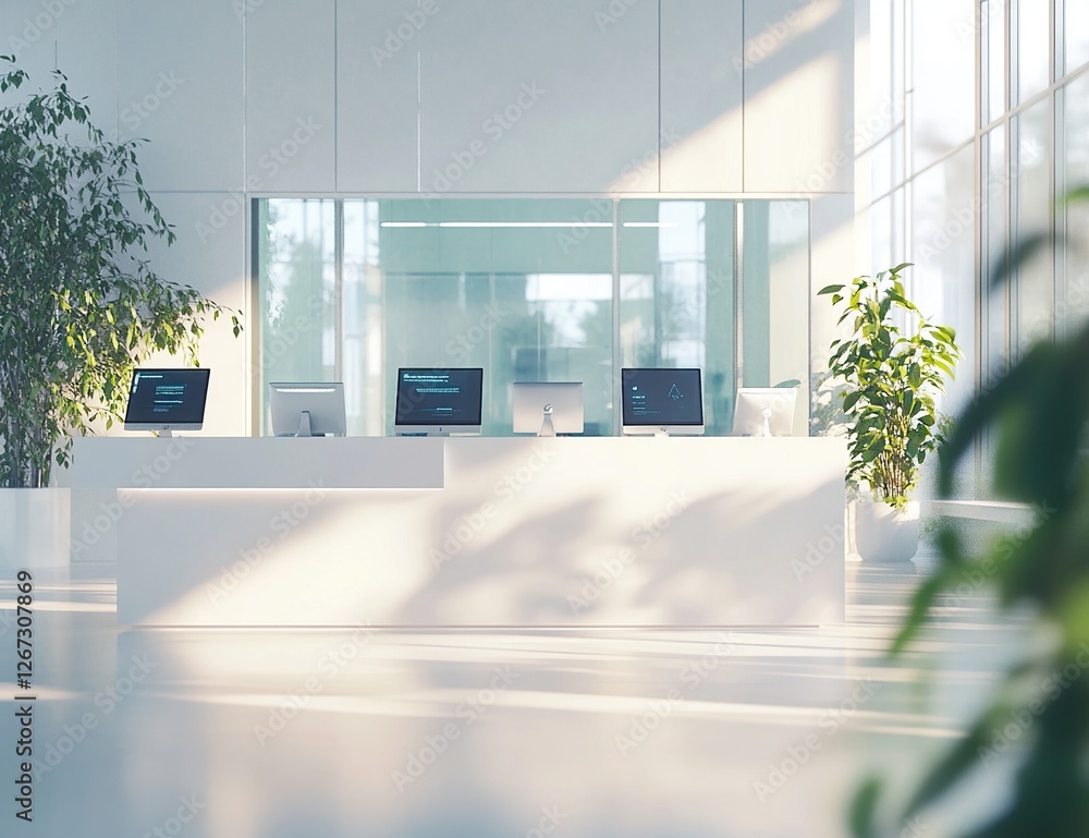 Poster modern office reception: clean design with multiple computers and plants illuminates workspace