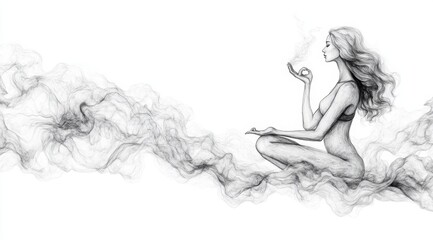 Fototapeta premium the shape of a young woman meditating made out of smoke, black and whites sketch 