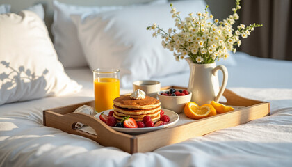 Mother's Day breakfast tray with pancakes, fresh fruits, and orange juice on cozy bed, celebration of love and appreciation.