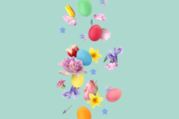 Easter eggs and beautiful spring flowers flying on pastel turquoise background