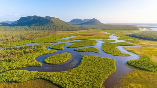Aerial view of lush green mangrove forest and mountains landscape