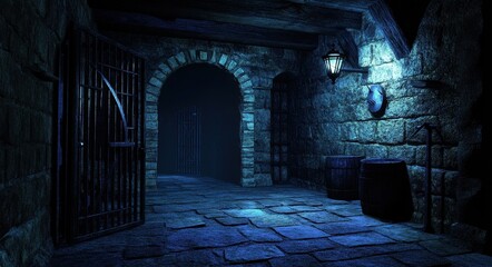 Three-Dimensional Dungeon Scene: A Dark Cell Background with Bars and a Glimpse of a Mobile Phone